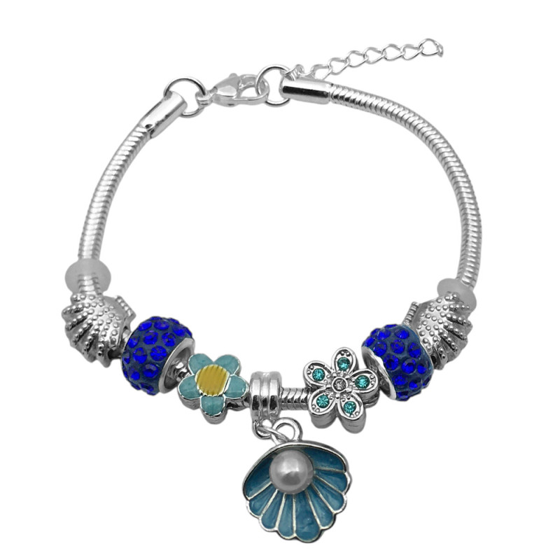 BLANCO TIPO PANDORA AZUL OSTRA FLOR 3.2MM-17+3CM PULSERA