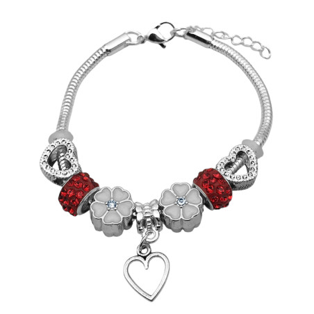BLANCO TIPO PANDORA ROJO CORAZONES FLORES 3.2MM-17+3CM PULSERA