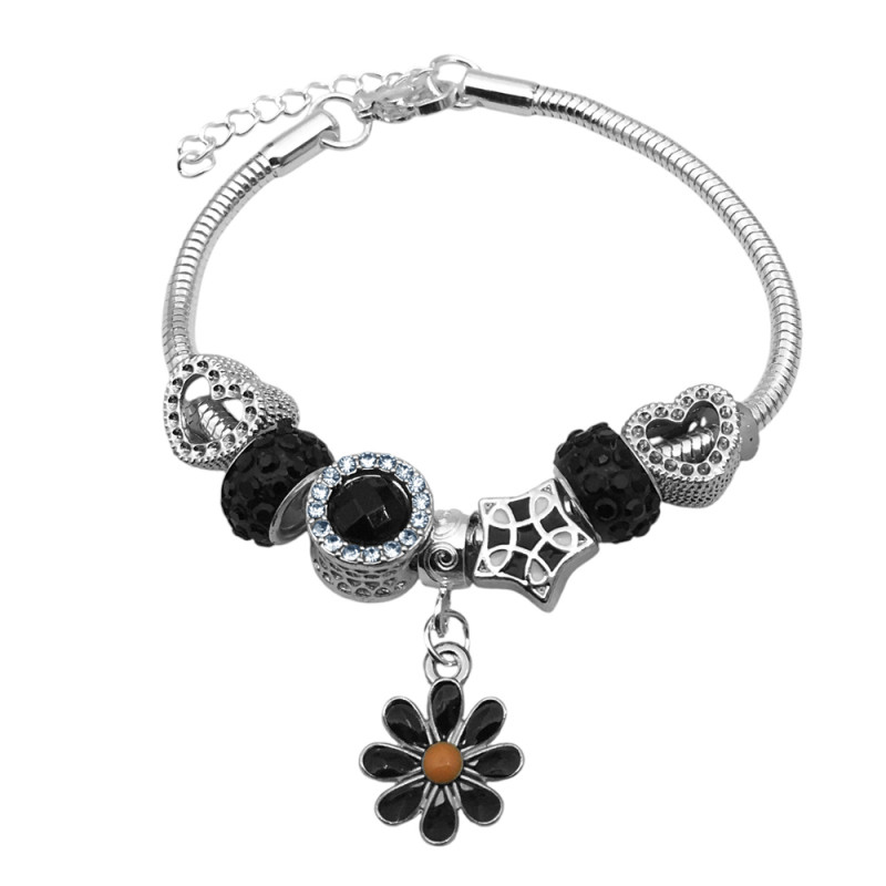 BLANCO TIPO PANDORA NEGRO MARGARITA CORAZONES 3.2MM-17+3CM PULSERA