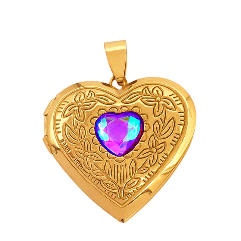 DORADO VIOLETA TORNASOLADO RELICARIO FLOR CORAZON DIJE