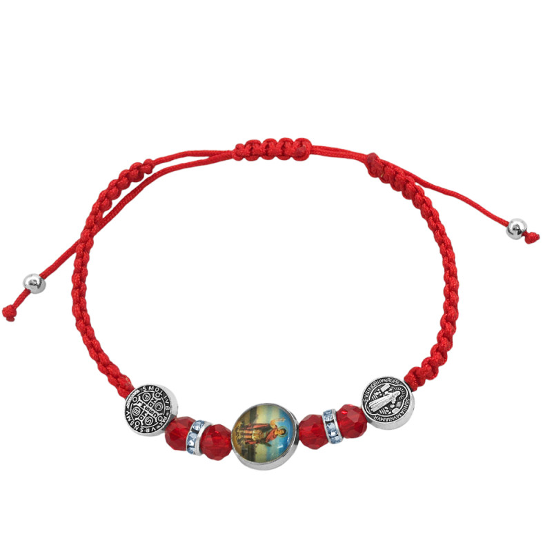 HILO ROJO SAN EXPEDITO COLOR Y C/ 2 DIJES DOBLE CARA SAN BENITO Y 4 BOLITAS ANCHO 4MM REGULABLE PULSERA / TOBILLERA