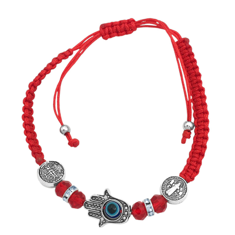 HILO ROJO MANO DE FATIMA C/ OJO COLOR Y C/ 2 DIJES DOBLE CARA SAN BENITO Y 4 BOLITAS ANCHO 4MM REGULABLE PULSERA / TOBILLERA