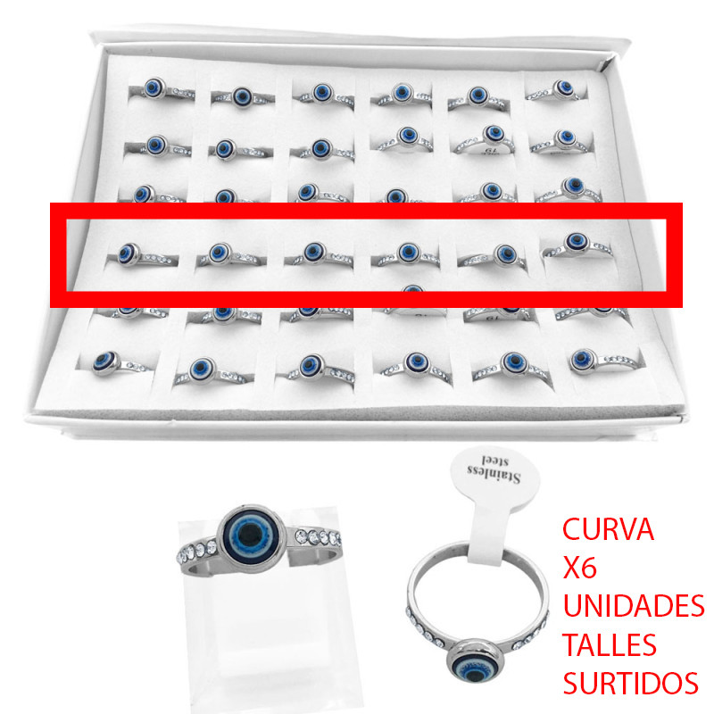 CURVA X6 UNIDADES OJO TURCO COLOR Y FLEJE CON STRASS DE CADA COSTADO ANILLO
