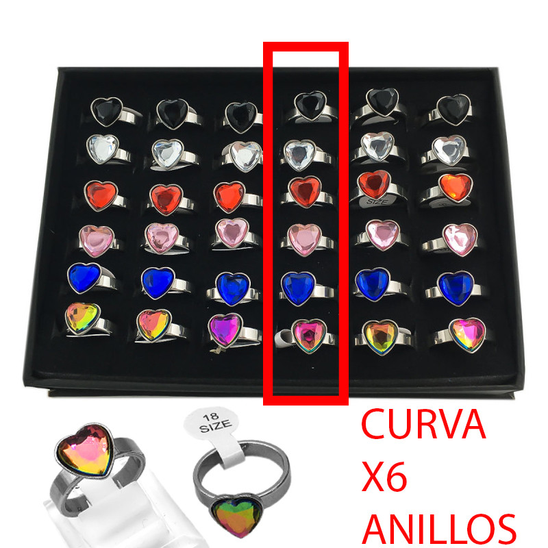CURVA X6 UNIDADES CORAZON (Talle 16 al 20) CRISTAL FACETADO COLORES TALLES SURTIDOS SEGUN DISPONIBILIDAD ANILLO