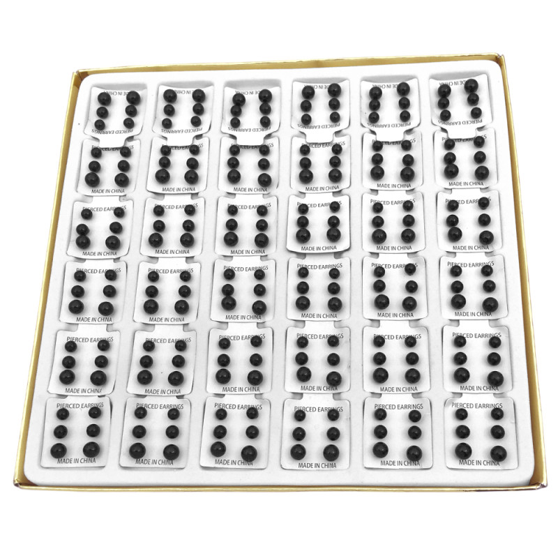 CAJA X108 PARES BOLITA NEGRA PERLAS ARITOS MEDIDAS SURTIDAS ARO