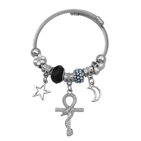 TIPO PANDORA CRUZ EGIPCIA C/ SERPIENTE STRASS LUNA ESTRELLA NEGRO ESCLAVA PULSERA