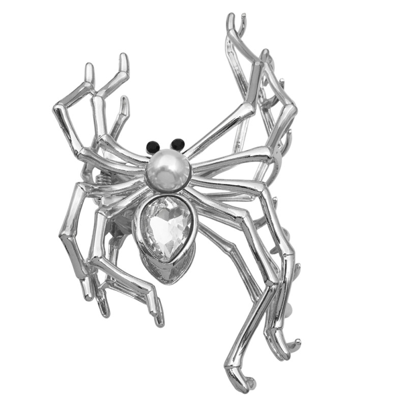 BROCHE ARAÑA PLATEADA GRANDE C/ 1 STRASS GRANDE Y 1 PERLA BOLA COCODRILO