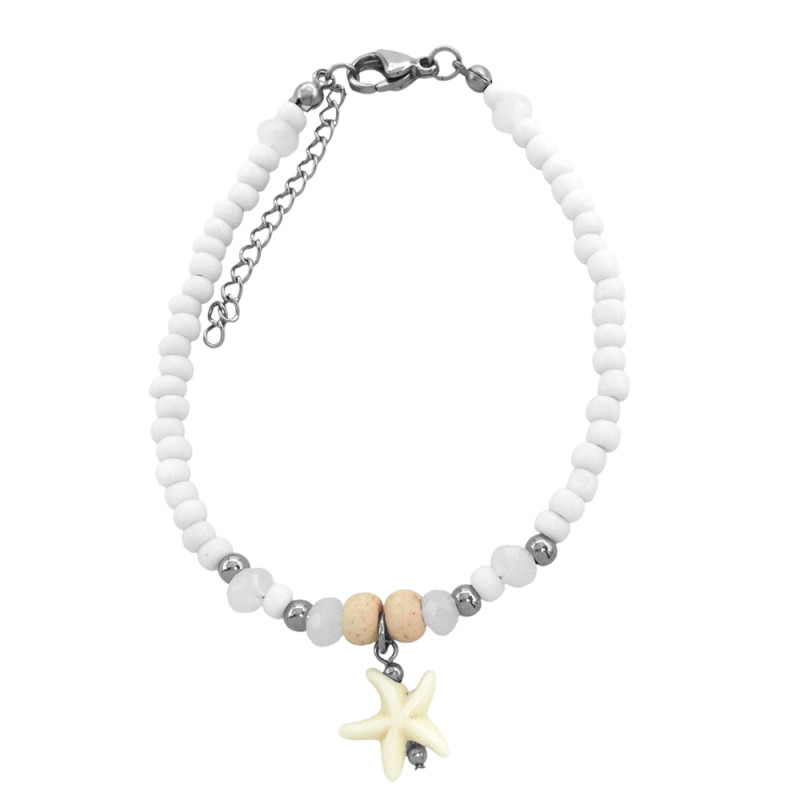 BLANCO ESTRELLA DE MAR COLGANTE Y MOSTACILLAS CUENTAS Y BOLITAS  22+4CM REGULABLE TOBILLERA