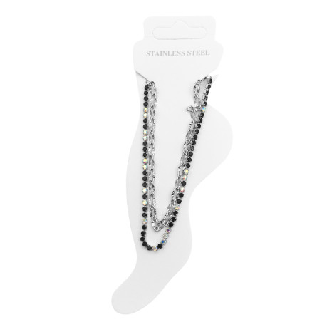 DOBLE CADENA UNA DE STRASS CUADRADOS NEGROS Y CRISTAL AB Y LA OTRA CLIP MATRIZADA 21+5CM REGULABLE TOBILLERA