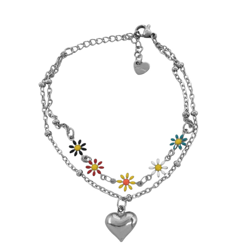 18+5CM DOBLE CADENAS ESPEJO C/ BOLITAS MARGARITAS DE COLORES Y UN CORAZON INFLADO PULSERA