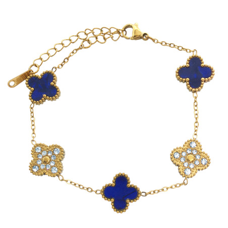 DORADO AZUL NOCHE TRES FLORES Y DOS FLORES C/ STRASS TREBOL TIPO VAN CLEEF 18+4CM PULSERA