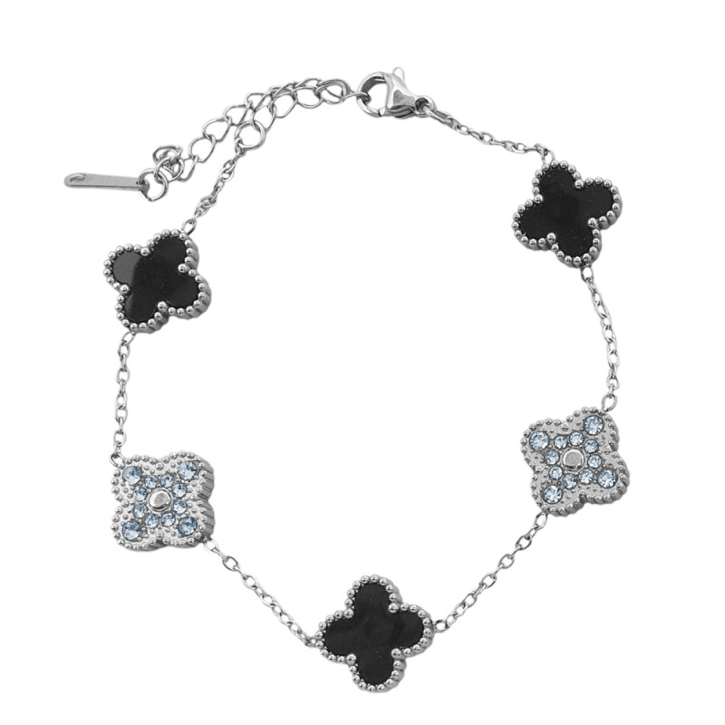 TRES FLORES NEGRAS Y DOS FLORES C/ STRASS TREBOL TIPO VAN CLEEF 18+4CM PULSERA