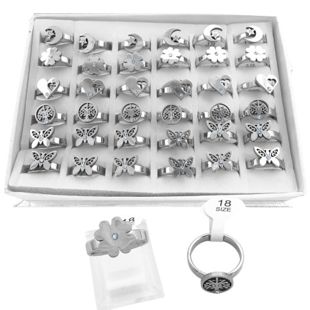 CAJA x36 Q:20 CINCO MODELOS GRUESOS C/ 1 STRASS ( LUNA / FLOR / CORAZON / ARBOL / MARIPOSA )Q:20 ANILLO