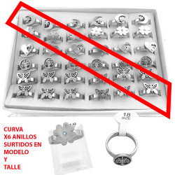 CURVA X6 ANILLOS Q:20 CINCO MODELOS GRUESOS C/ 1 STRASS ( LUNA / FLOR / CORAZON / ARBOL / MARIPOSA )Q:20 ANILLO