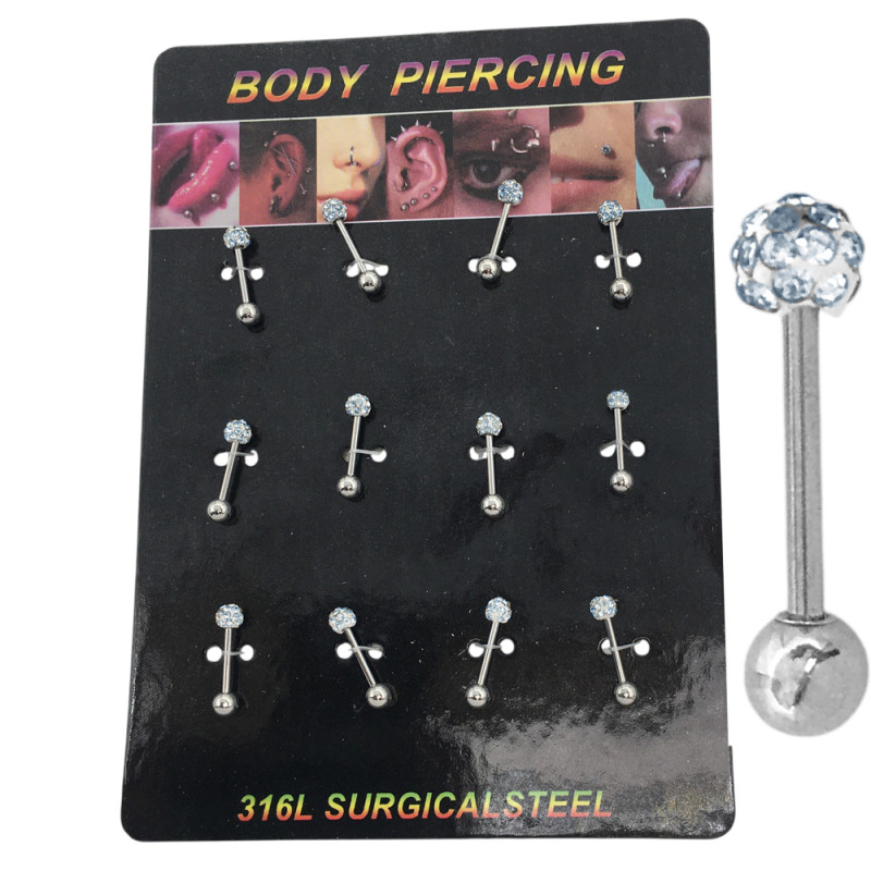 BLISTER X12 BOLITA DE FUEGO CRISTAL Y BOLITA LABRET MENTON PIERCING