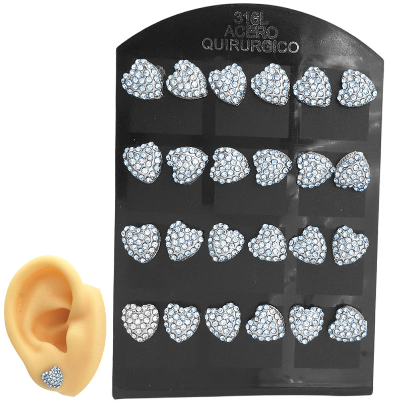 BLISTER x12 PRS CORAZON BOMBRE C/ MUCHOS STRASS CRISTAL AROS