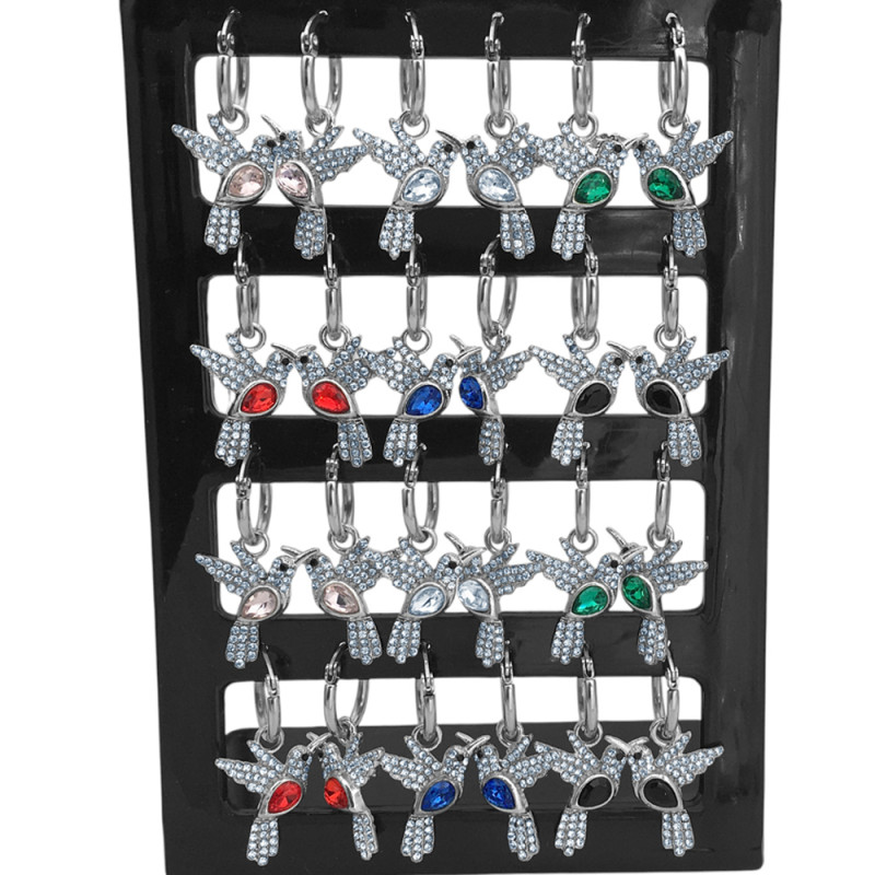 BLISTER X12 PARES SURTIDOS EN COLOR DE STRASS CENTRAL COLIBRI PICAFLOR EN ARGOLLA ARO