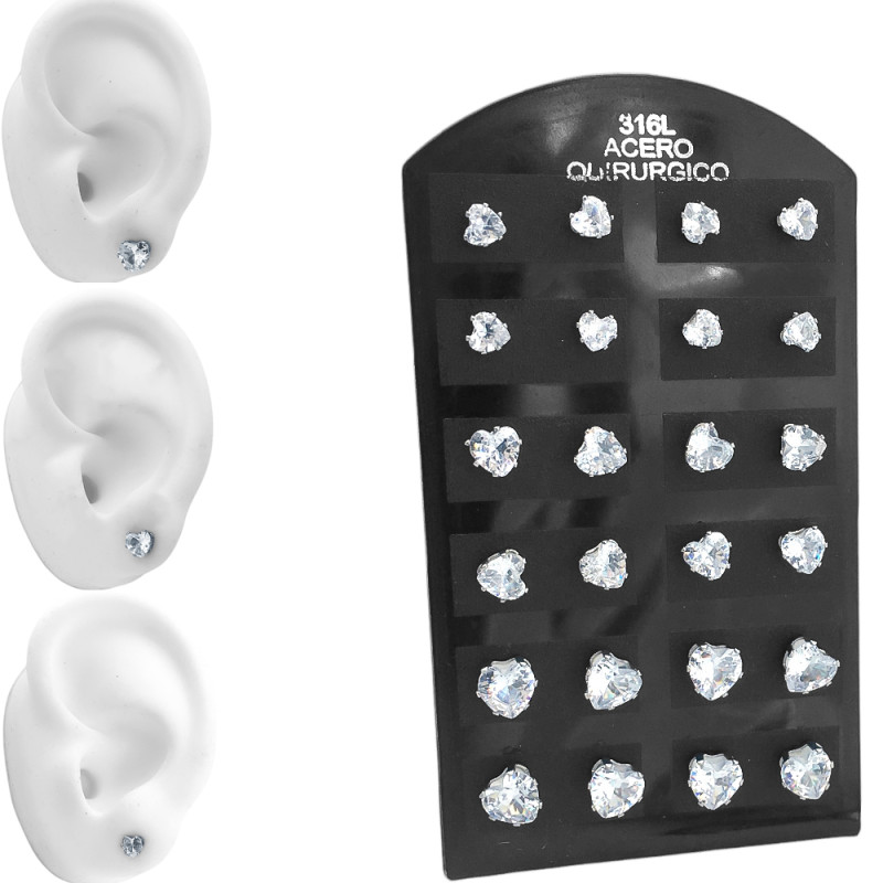 BLISTER X12 PARES SURTIDOS CORAZON 8.5 - 7.5 - 6.5MM CUBIC ZIRCON AROS