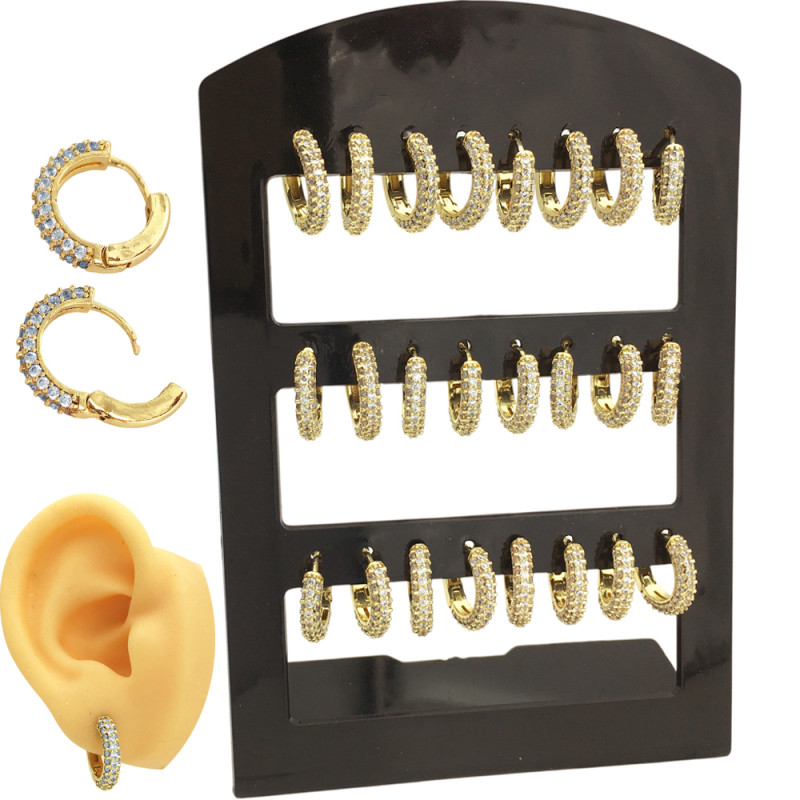 DORADO BRONCE BLISTER X12 TRIPLE LINEA DE STRASS BOMBE BISAGRA FANTASIA FINA AROS