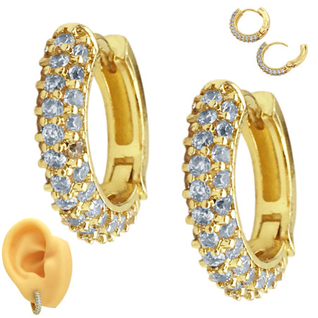 DORADO BRONCE PAR TRIPLE LINEA DE STRASS BOMBE BISAGRA FANTASIA FINA AROS