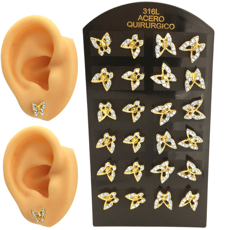 DORADO BLISTER X12 DOS MODELOS DE MARIPOSAS C/ VARIOS STRASS CRISTAL ARO
