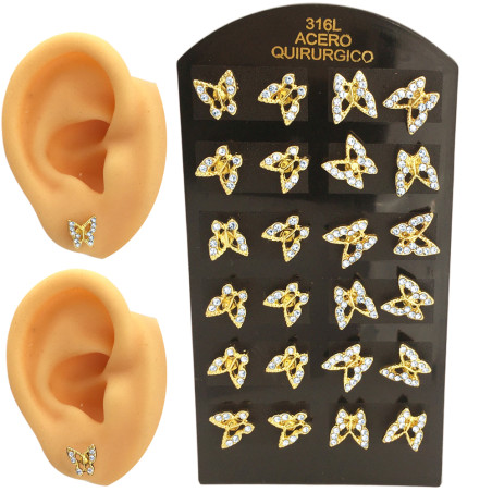 DORADO BLISTER X12 DOS MODELOS DE MARIPOSAS C/ VARIOS STRASS CRISTAL ARO