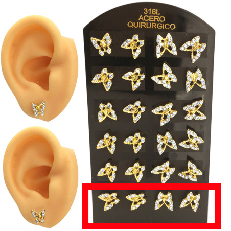 DORADO 2 PARES DOS MODELOS DE MARIPOSAS C/ VARIOS STRASS CRISTAL ARO