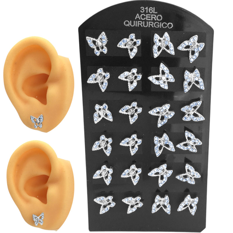 BLISTER X12 DOS MODELOS DE MARIPOSAS C/ VARIOS STRASS CRISTAL ARO