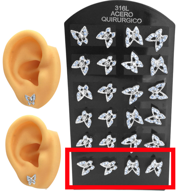 2 (DOS) PARES DOS MODELOS DE MARIPOSAS C/ VARIOS STRASS CRISTAL ARO