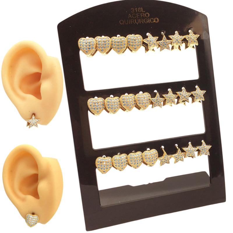 DORADO BLISTER X12 CORAZON ESTRELLA C/ VARIOS STRASS CRISTAL BISAGRA ARO