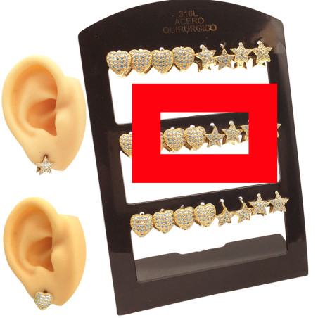 DORADO 2 (DOS) PARES CORAZON Y ESTRELLA C/ VARIOS STRASS CRISTAL BISAGRA ARO