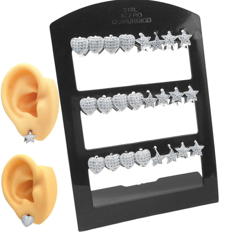 BLISTER X12 CORAZON ESTRELLA C/ VARIOS STRASS CRISTAL BISAGRA ARO