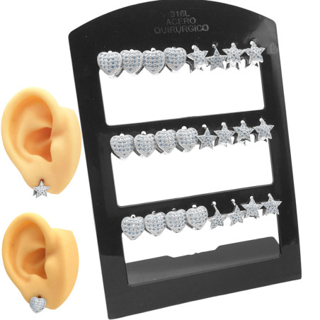 BLISTER X12 CORAZON ESTRELLA C/ VARIOS STRASS CRISTAL BISAGRA ARO