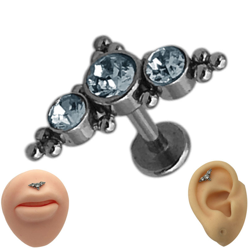 TRES CUBIC REDONDOS EN PIRAMIDE Y PUNTAS DE CIRCULITOS LABRET PIERCING