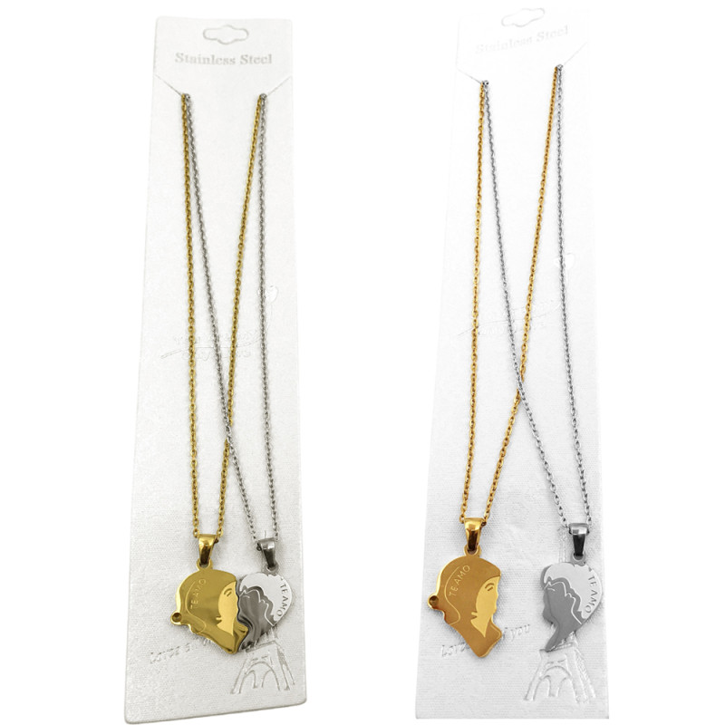 PACK DOS CABEZAS EN CORAZON TE AMO ACERO Y DORADO PARA COMPARTIR  45CM COLLAR