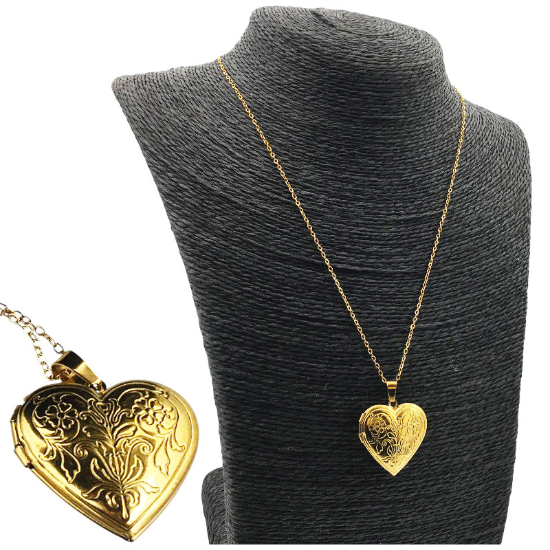 DORADO CADENA + RELICARIO CORAZON C/ DOS FLORES DIJE