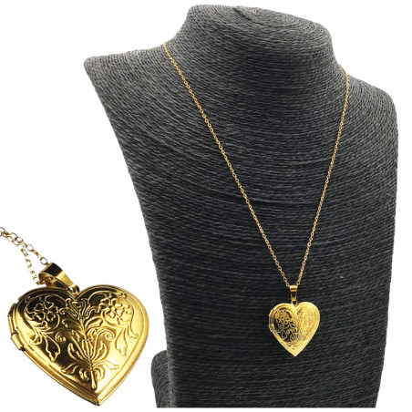 DORADO CADENA + RELICARIO CORAZON C/ DOS FLORES DIJE