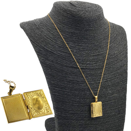 DORADO CADENA + RELICARIO RECTANGULAR DIJE