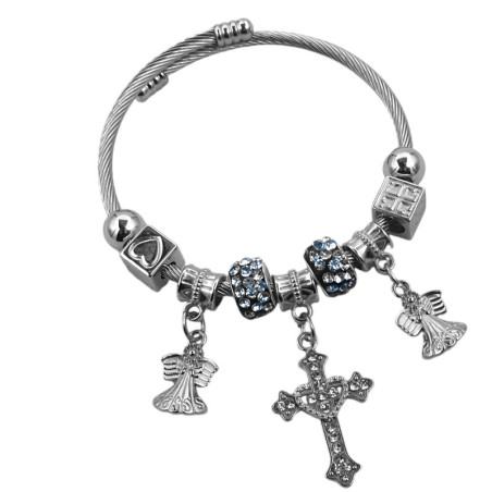 TIPO PANDORA UNA CRUZ Y DOS ANGELITOS CRISTAL  ESCLAVA PULSERA
