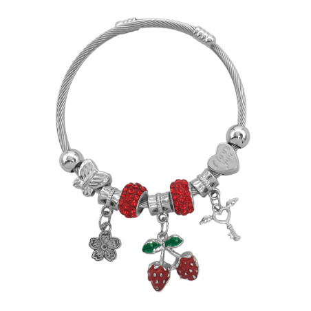 TIPO PANDORA FRUTILLA ARBOL CEREZAS CROMO ROJO ESCLAVA PULSERA