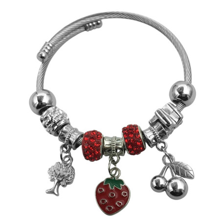 TIPO PANDORA FRUTILLA ARBOL CEREZAS CROMO ROJO ESCLAVA PULSERA