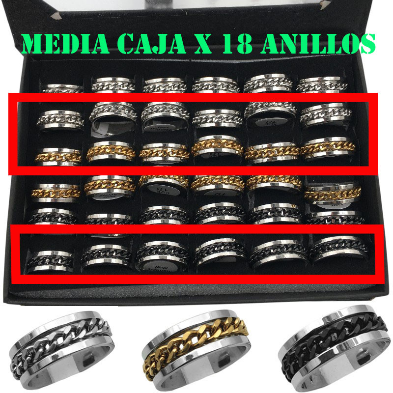 MEDIA CAJA X18 ANILLOS FONDO ACERO TRES COLORES Y CADENA GIRATORIA ANILLO