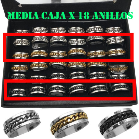 MEDIA CAJA X18 ANILLOS FONDO ACERO TRES COLORES Y CADENA GIRATORIA ANILLO