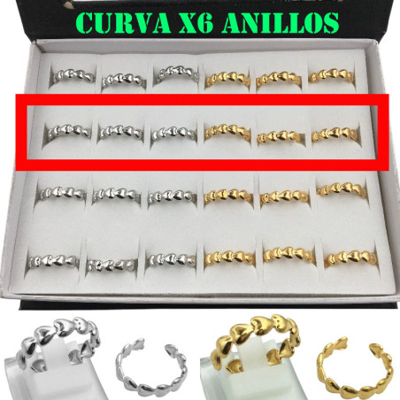 CURVA X6 ANILLOS ABIERTOS CORRIDO DE CORAZONES BOMBE ACERO Y DORADO ANILLO