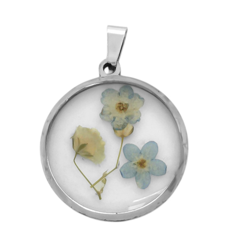 VARIAS FLORES DE COLORES DISECADA EN CIRCULO DE CRISTAL DIJE