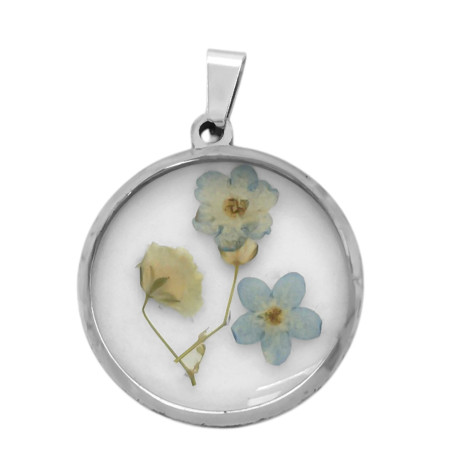 VARIAS FLORES DE COLORES DISECADA EN CIRCULO DE CRISTAL DIJE