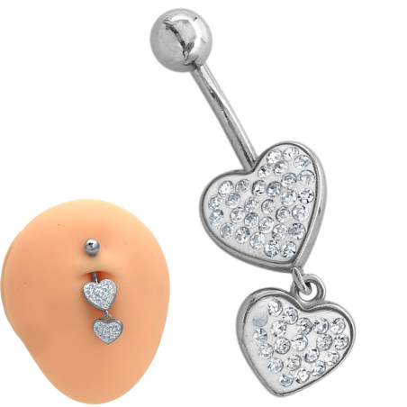 DOBLE CORAZON C/ LLUVIA DE CUBIC Y BOLITA PIERCING OMBLIGO ACERO QUIRURGICO PIERCING