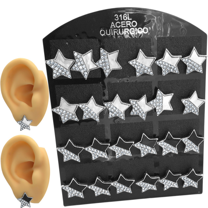 BLISTER X12 PARES ESTRELLAS MITAD STRASS Y MITAD NEGRA O TIPO NACAR ARO