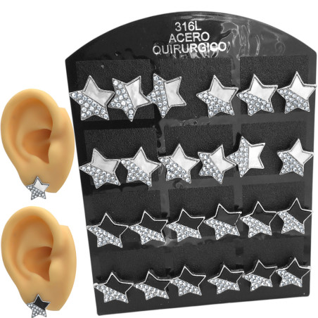 BLISTER X12 PARES ESTRELLAS MITAD STRASS Y MITAD NEGRA O TIPO NACAR ARO