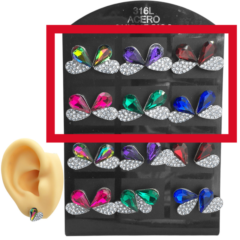 MEDIO BLISTER X6 PARES CORAZON MITAD MUCHOS STRASS CRISTAL Y MITAD STRASS COLOR SURTIDO ARO